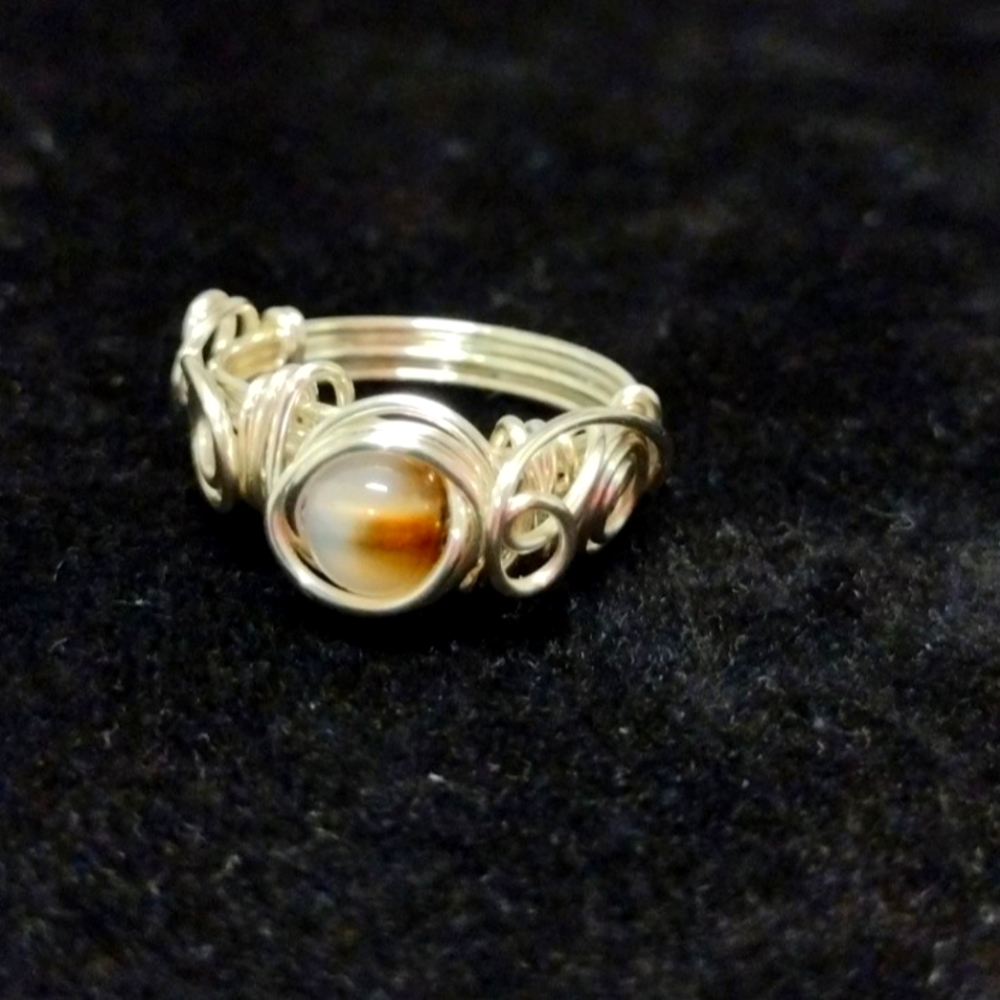 Hand Wrapped Black Flower Agate Gemstone Ring